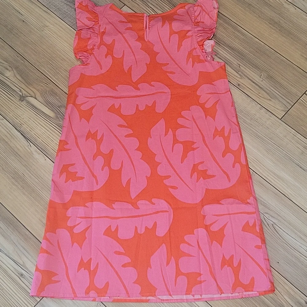 Vibrant Orange and Pink Leaf Print Dress - Picture 3 of 4